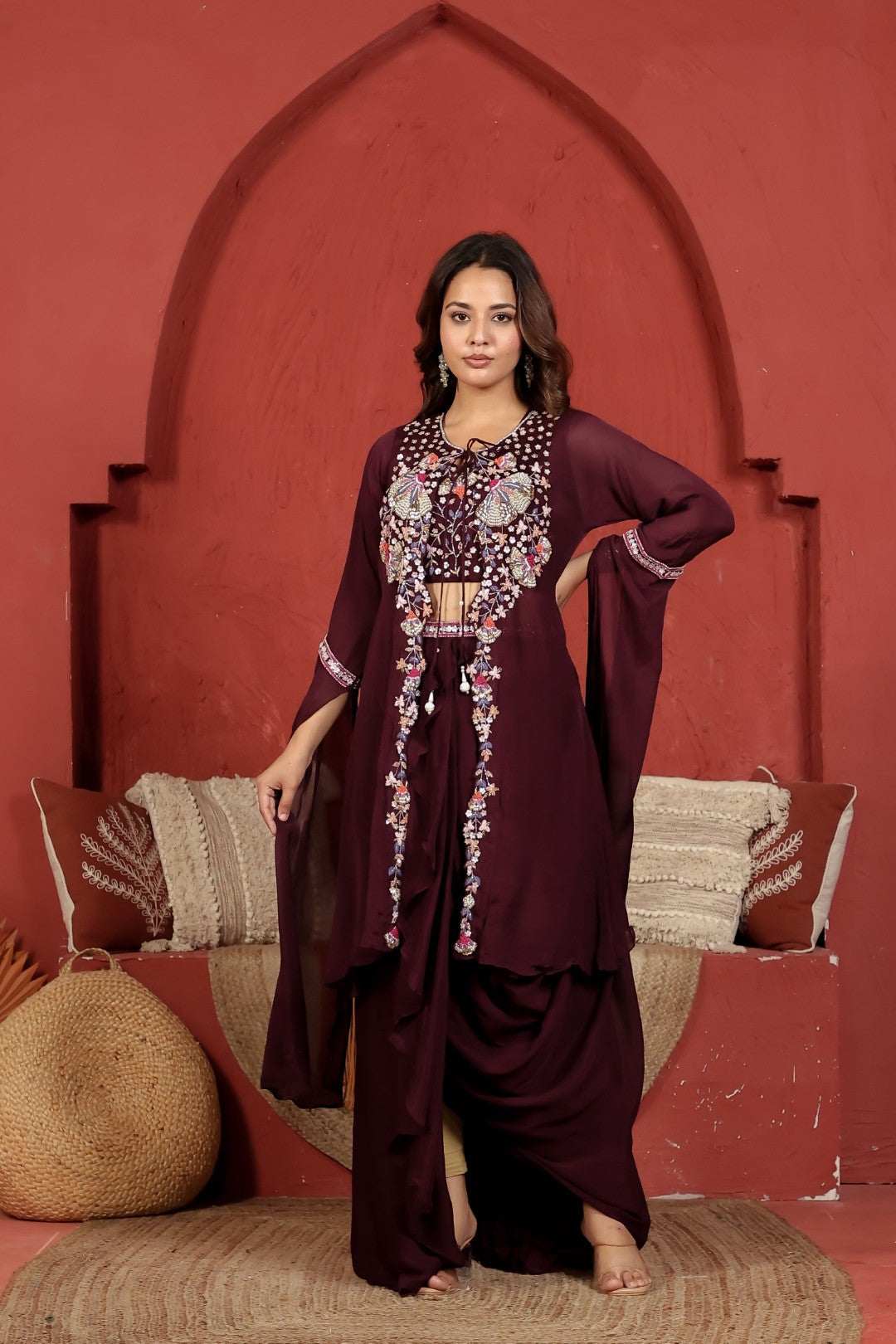 Wine Chinon Blouse with Handwork, Dhoti & Shrug