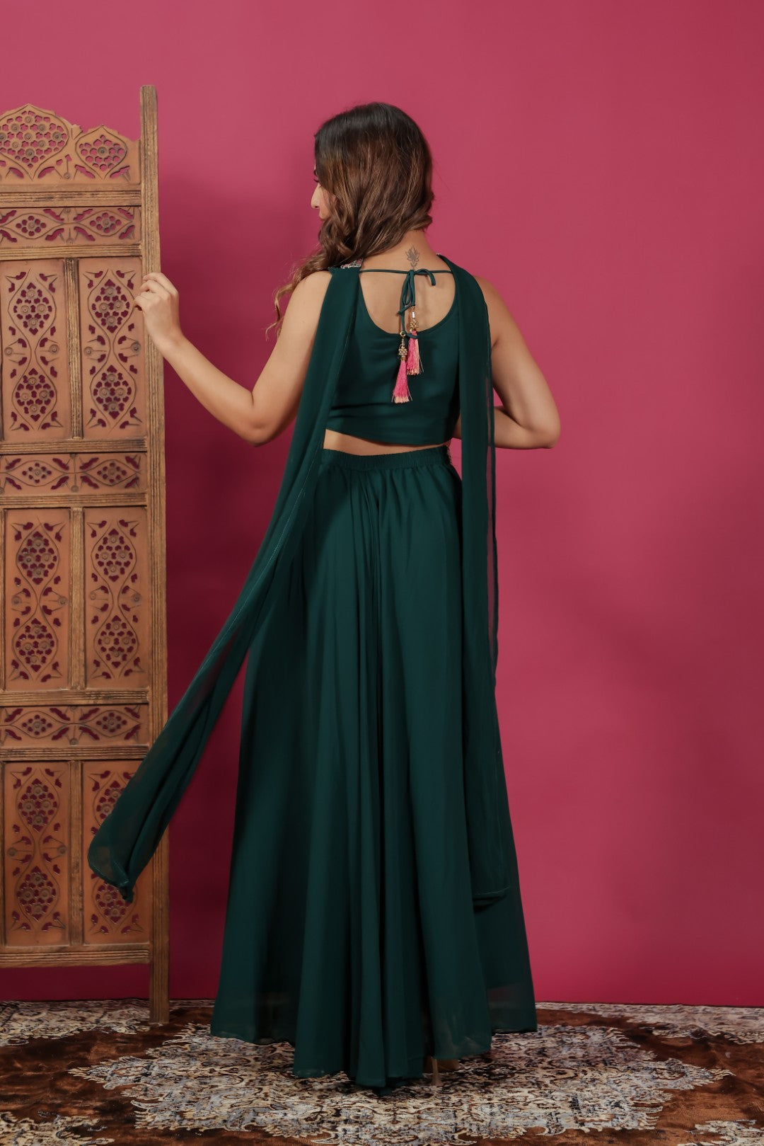 Dark Green Georgette Blouse with Heavy Zari Work, Sharara & Dupatta