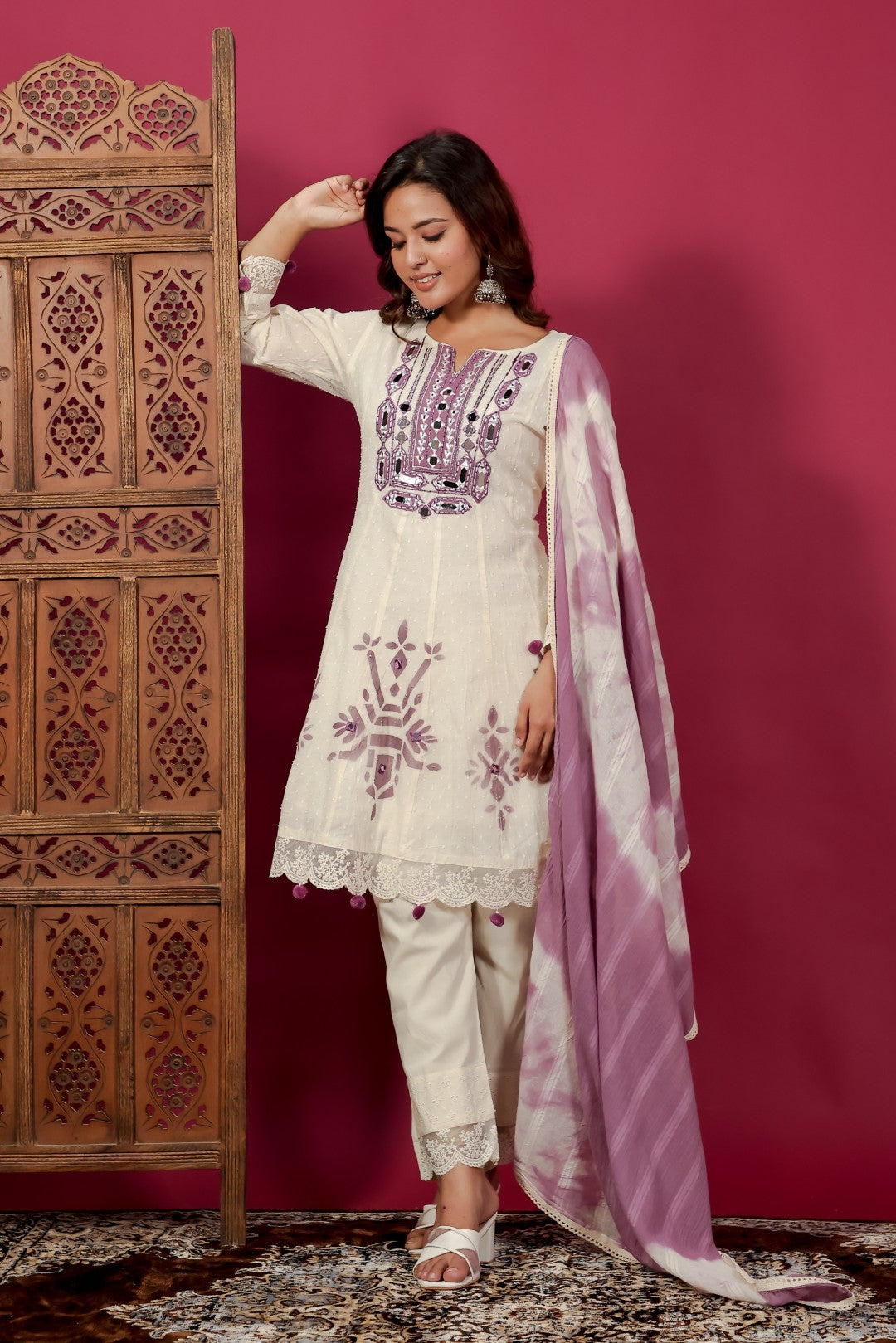 Off White Cotton Suit with Dollar Butti, Mirror & Handwork Neck, Block Print, Pant & Dupatta