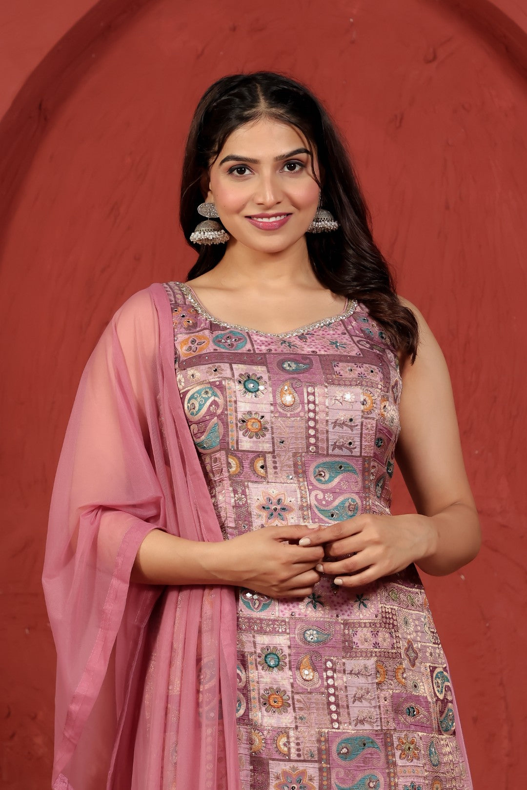 Pink Banarasi Silk Printed Suit, Sharara & Net Dupatta