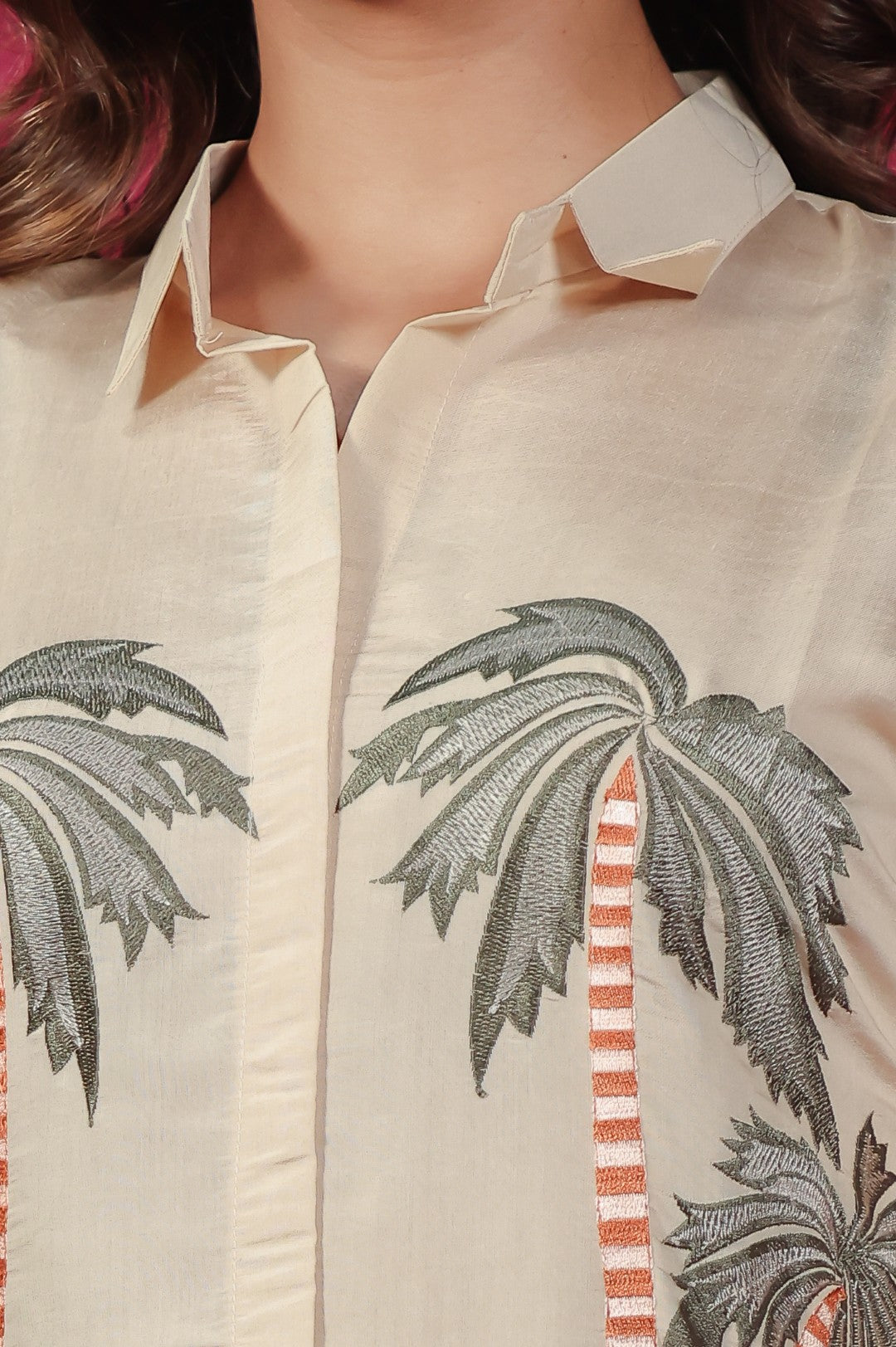 Beige Muslin Silk with Tree & Floral Thread Work Co-ord Set