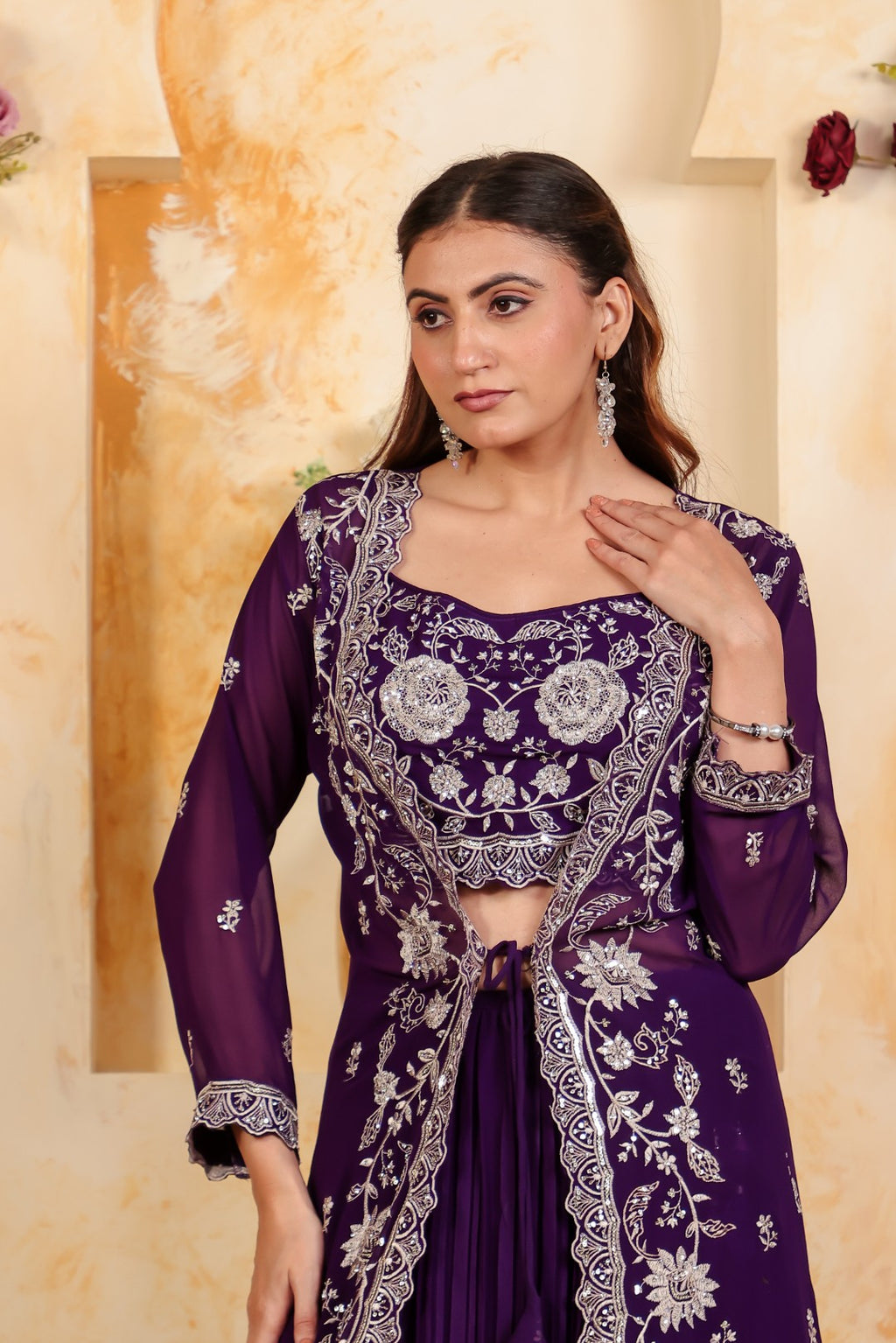 Purple Georgette Blouse with Thread & Stone Work, Lehenga & Long Jacket Shrug