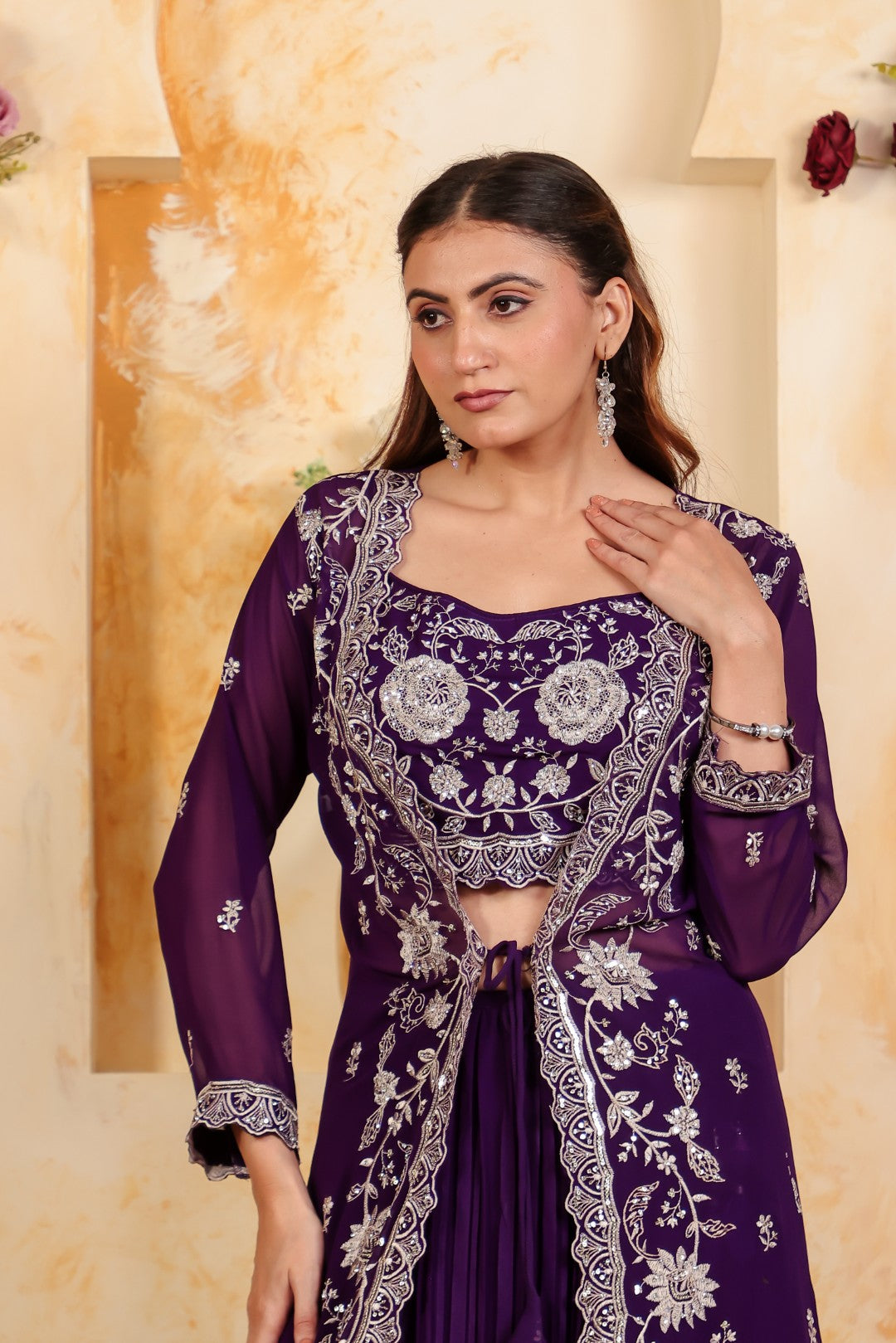 Purple Georgette Blouse with Thread & Stone Work, Lehenga & Long Jacket Shrug