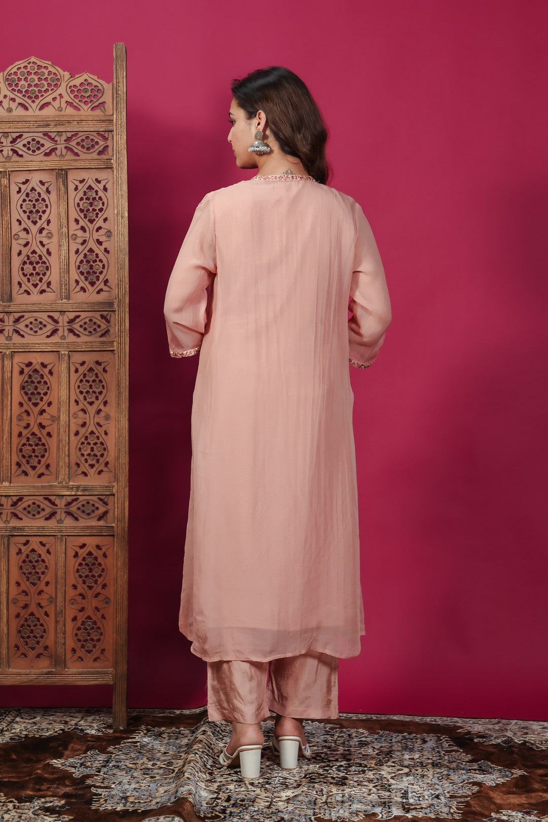 Peach Silk Suit with Thread Work, Long Jacket & Palazzo Pant