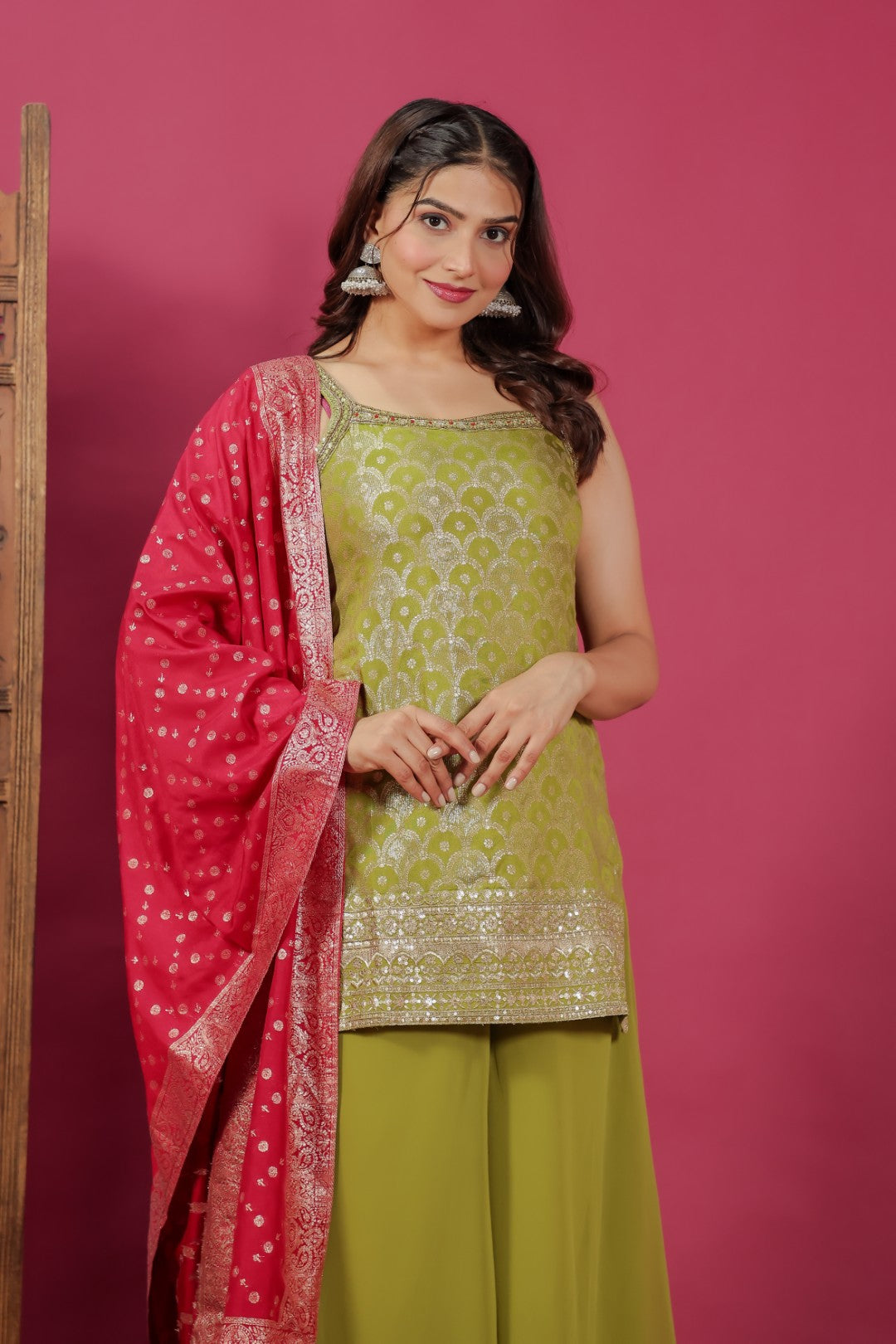 Lime Green Dola Silk Banarasi Suit with Zari & Sequin Work, Sharara & Dupatta