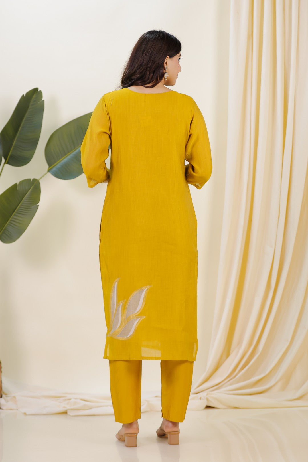 Yellow Chanderi Silk Suit with Banarasi Floral Print, Bottom & Dupatta