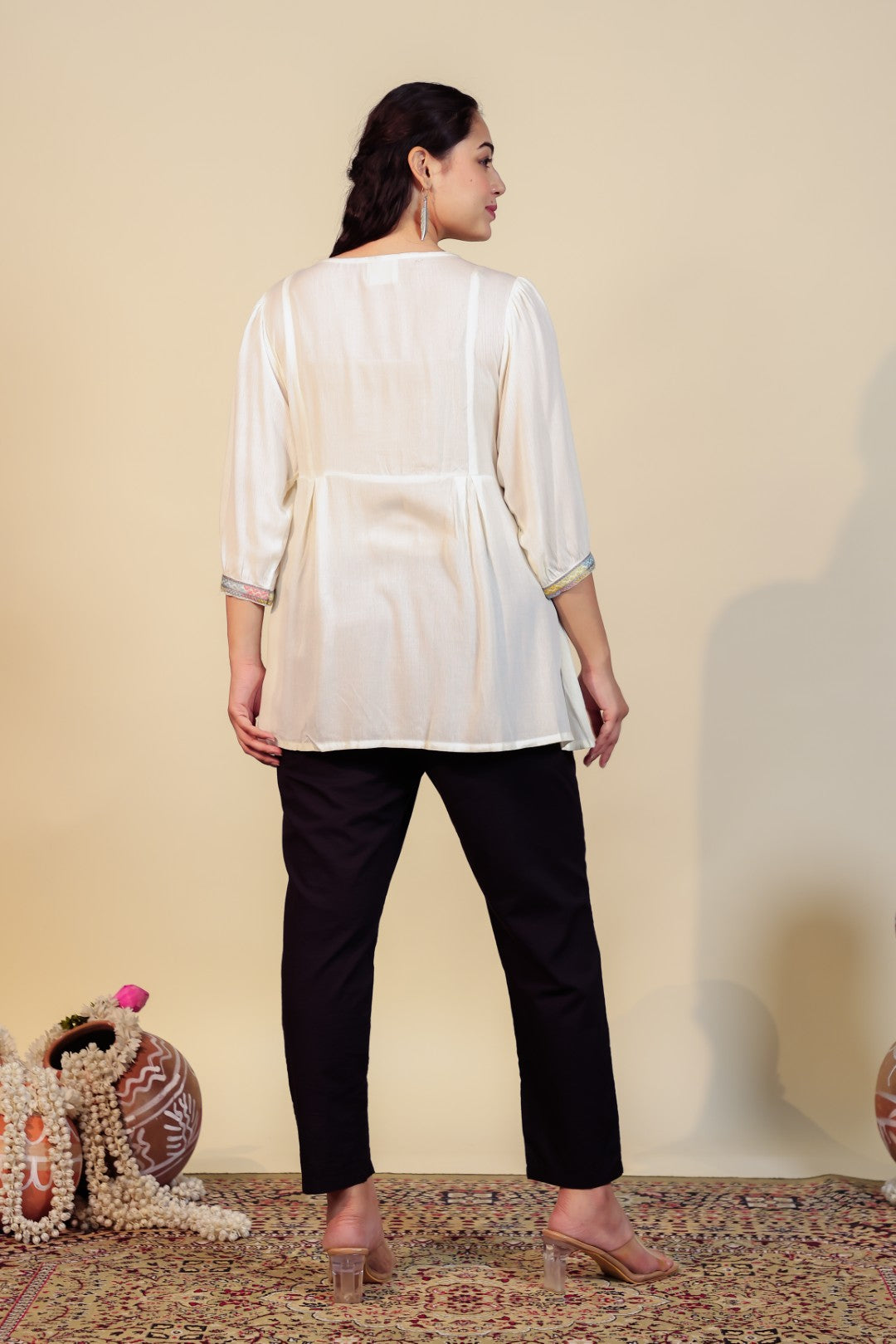 Off White Wrinkled Rayon Thread Work Top