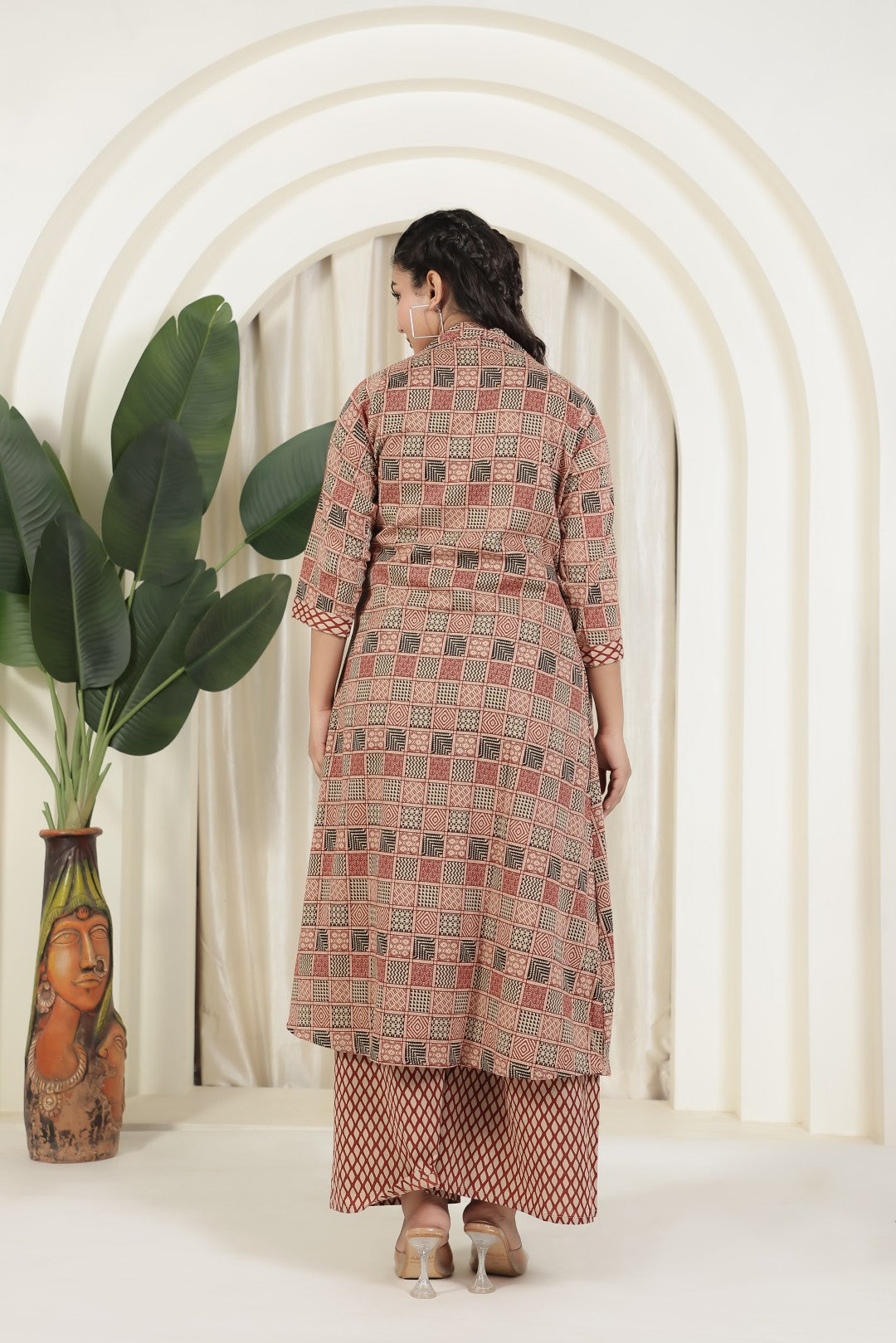 Rust Cambric Cotton Top with Mirror Work, and Block Print Pant & Jacket Shrug