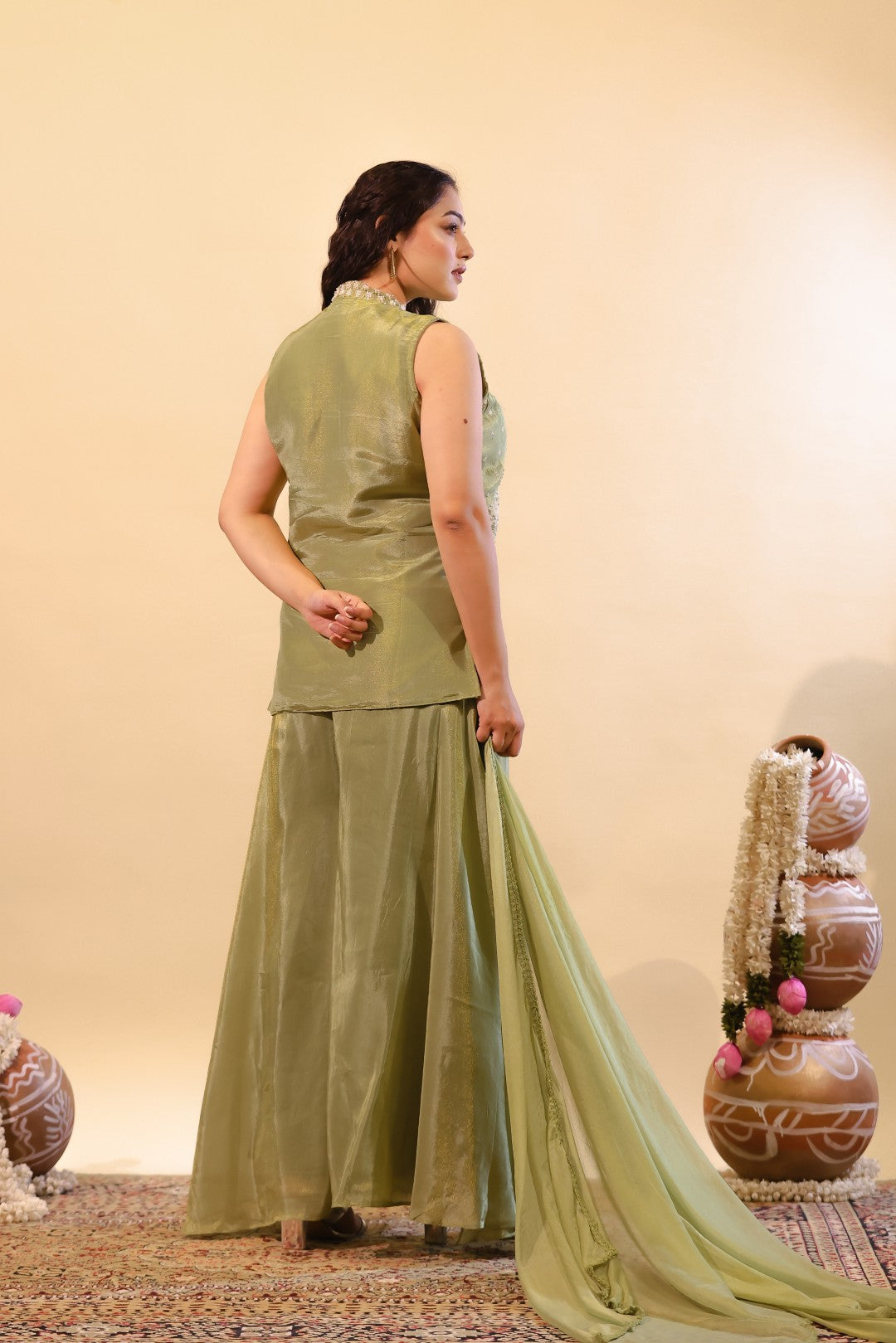 Pista Green Mosh Silk Jacket with Thread & Stone Work, Palazzo & Dupatta