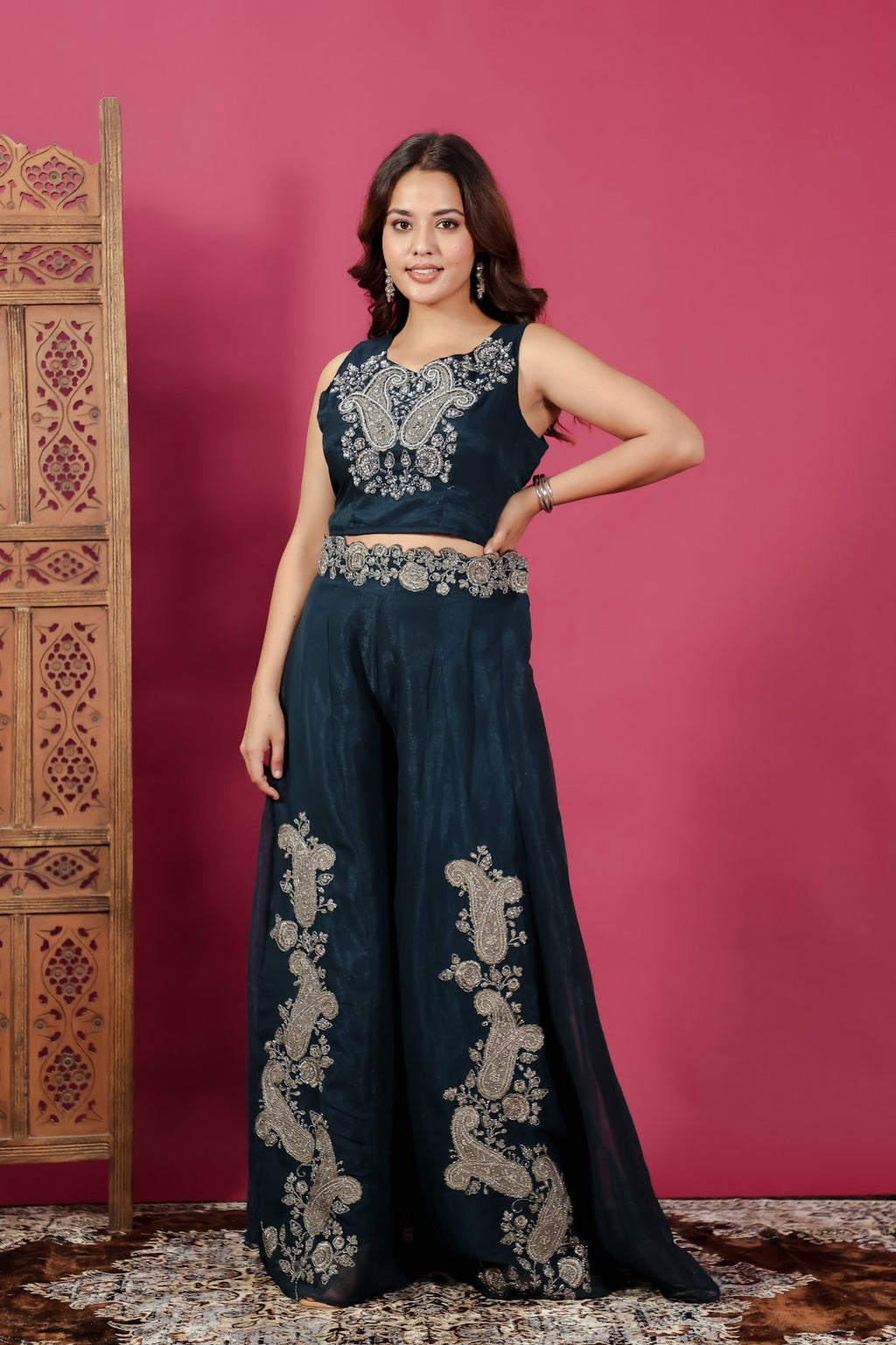 Dark Teal Blue Lurex Chiffon blouse with Patch Handwork, Sharara & Shrug