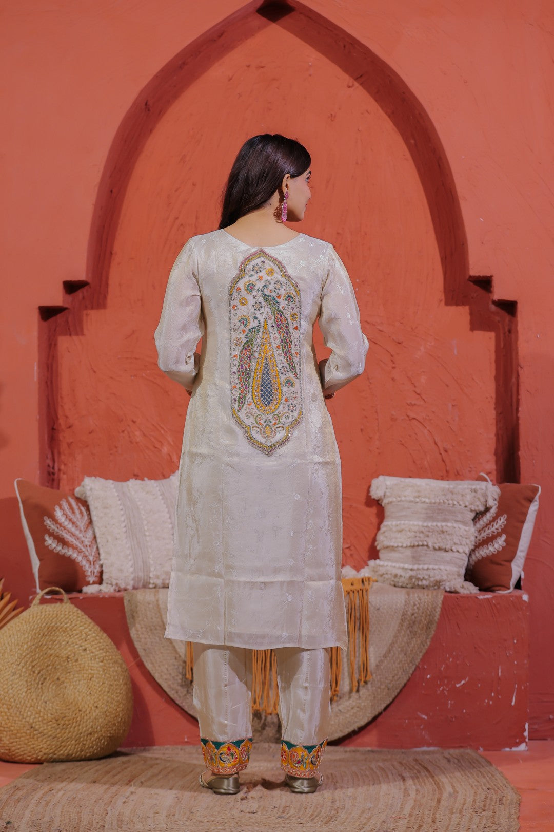 Off White Mosh Silk Suit with Self Print & Zari Sequin Work, Bottom & Dupatta