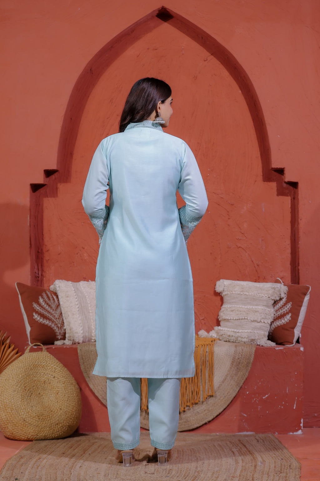 Sky Blue Muslin Silk Suit with Thread Embroidery, Bottom & Dupatta
