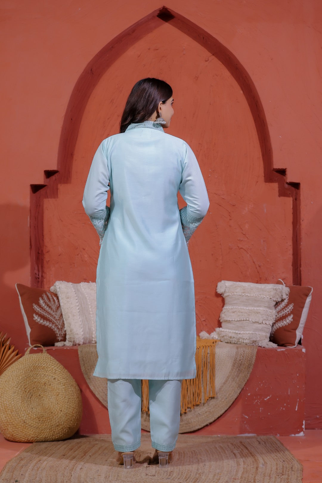 Sky Blue Muslin Silk Suit with Thread Embroidery, Bottom & Dupatta