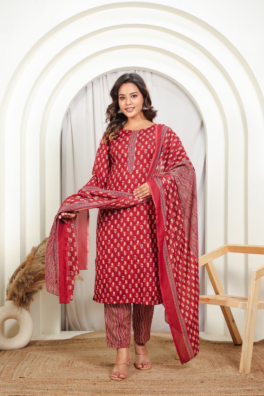 Maroon Slub Cotton Printed Suit with Lining Print Bottom & Dupatta
