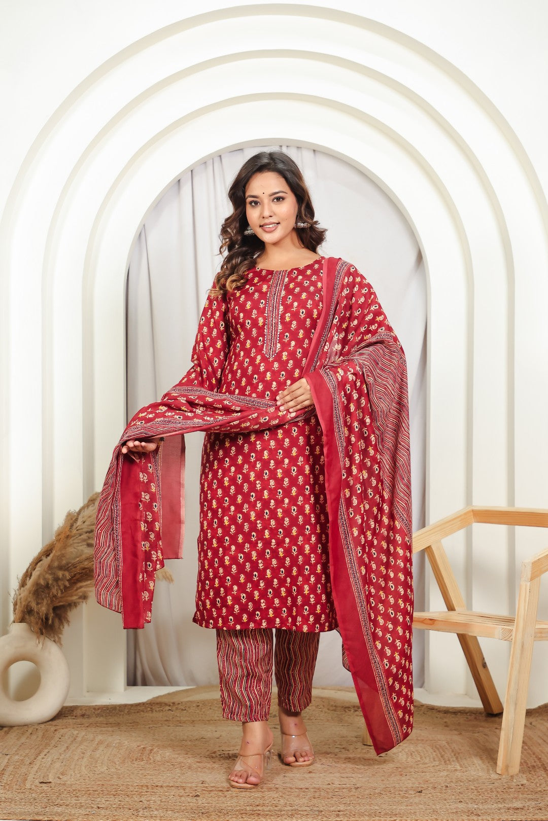 Maroon Slub Cotton Printed Suit with Lining Print Bottom & Dupatta