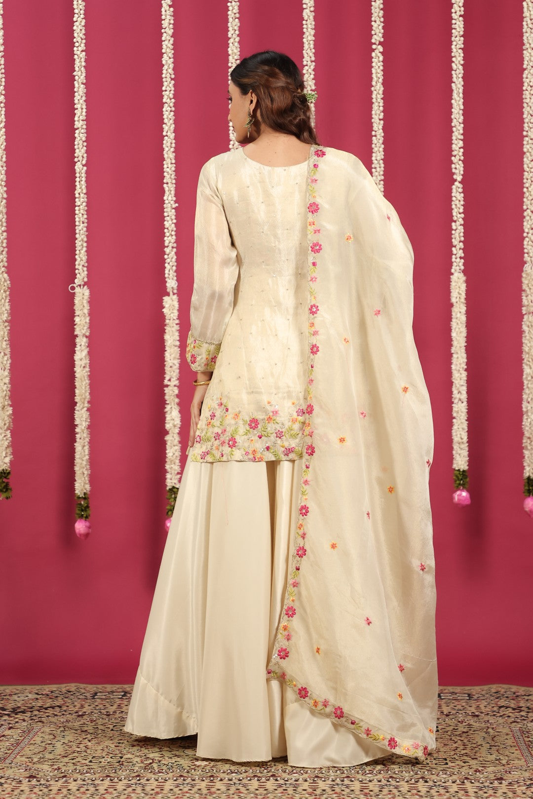 Beige Mosh Silk Short Kurti with Thread & Mirror Work, Sharara & Dupatta