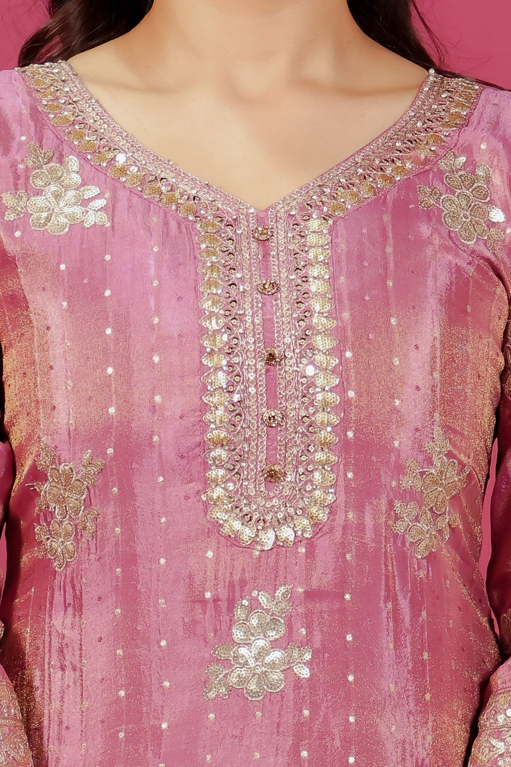 Pink Mosh Silk Suit with Banarsi Work, Palazzo & Dupatta
