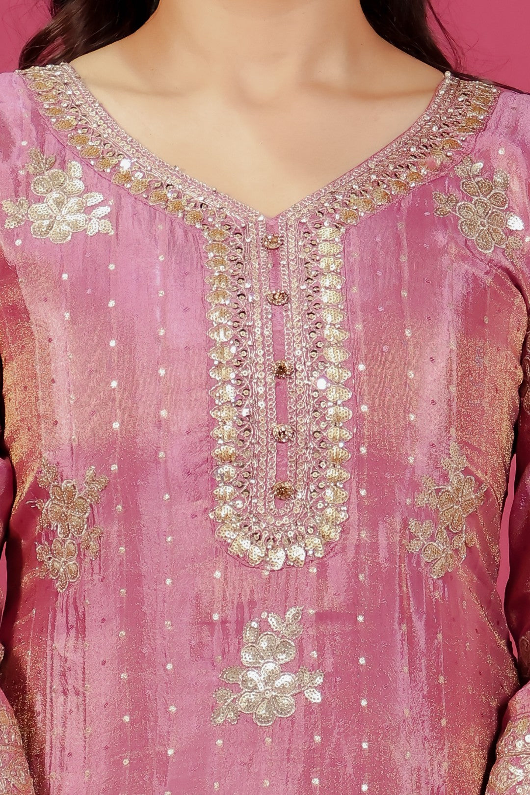 Pink Mosh Silk Suit with Banarsi Work, Palazzo & Dupatta