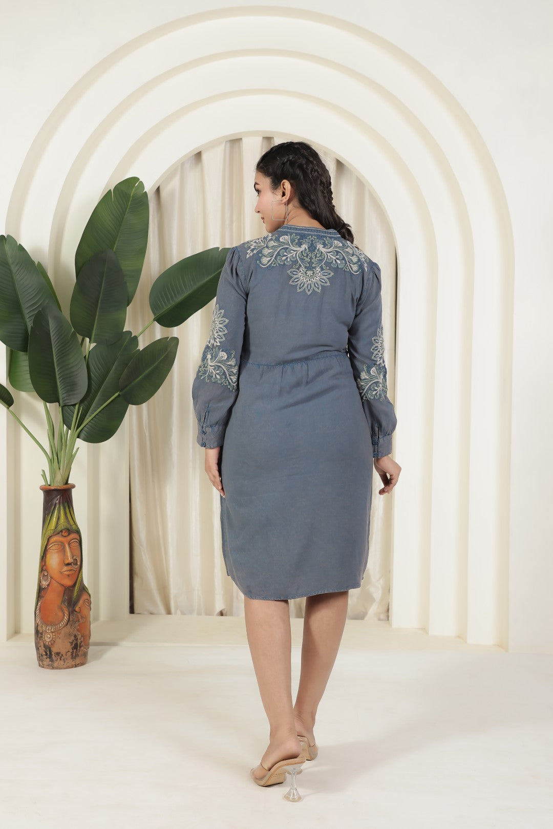 Denim Blue Dress with Thread Embroidery