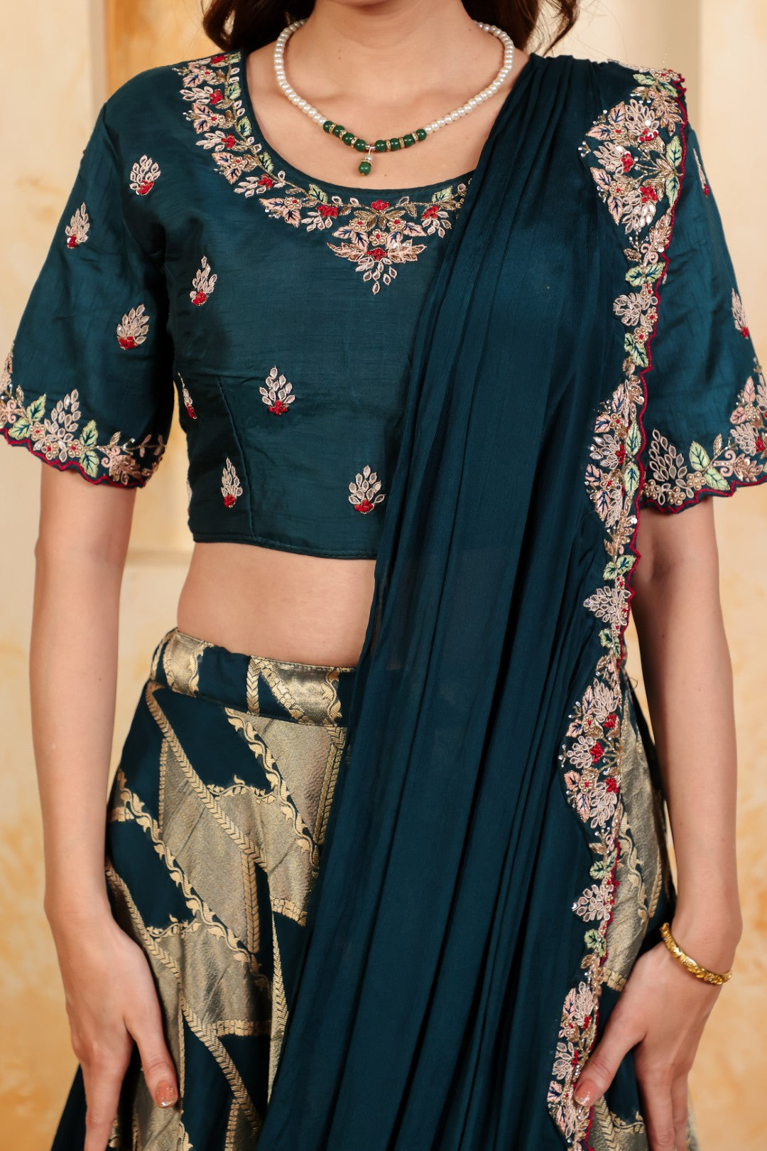 Diesel Blue Silk Banarasi Lehenga with Gotta Patti Handwork Blouse, Saree-Style Pallu