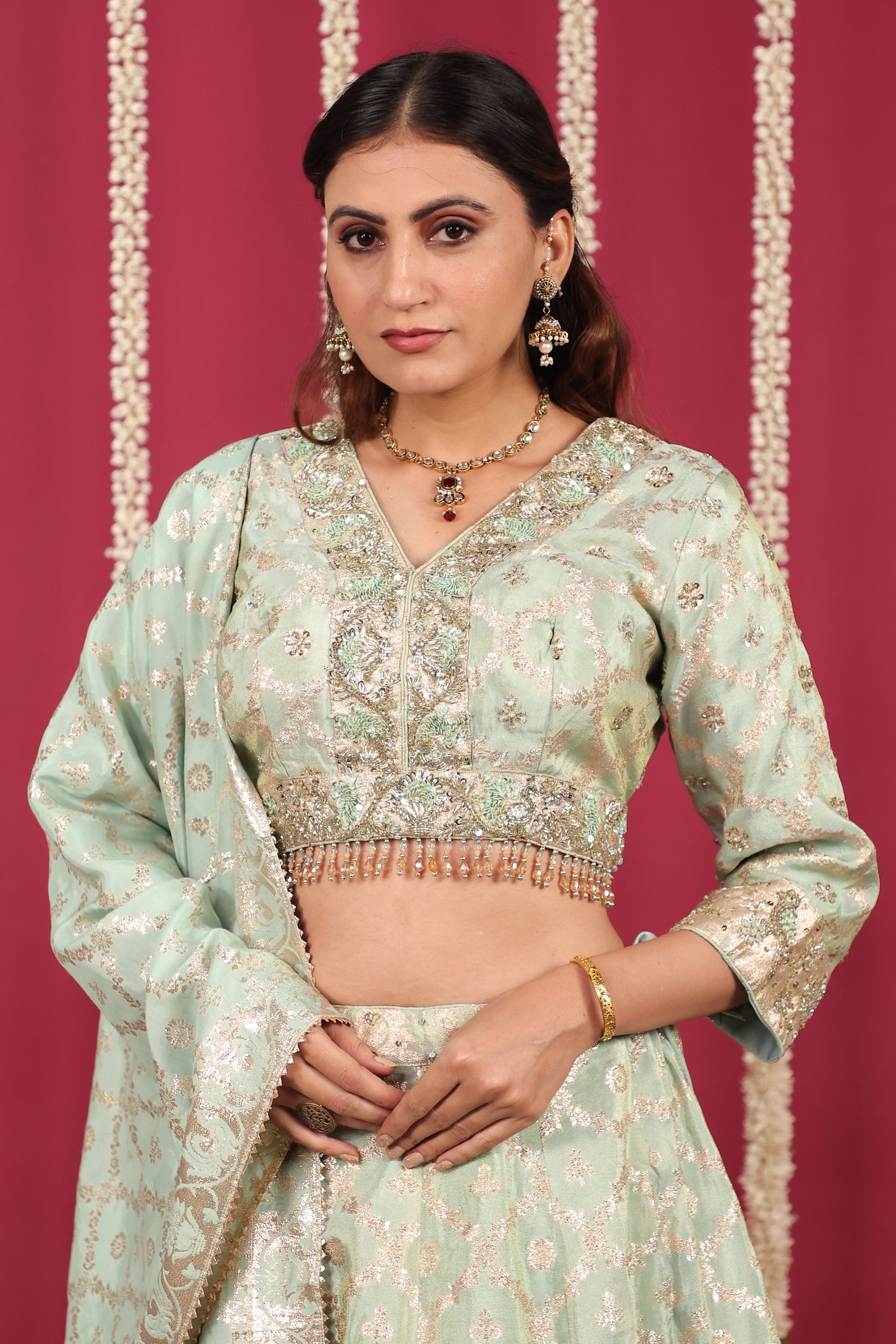 Pista Green Mosh Silk Banarsi Handwork Lehenga with Blouse & Dupatta