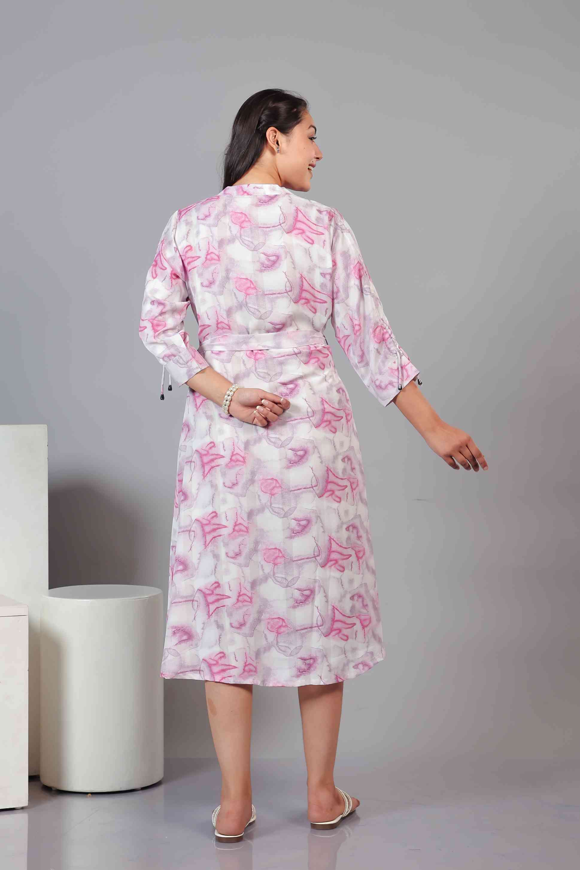 White Lycra with Baby Pink Printed Maxi Dress