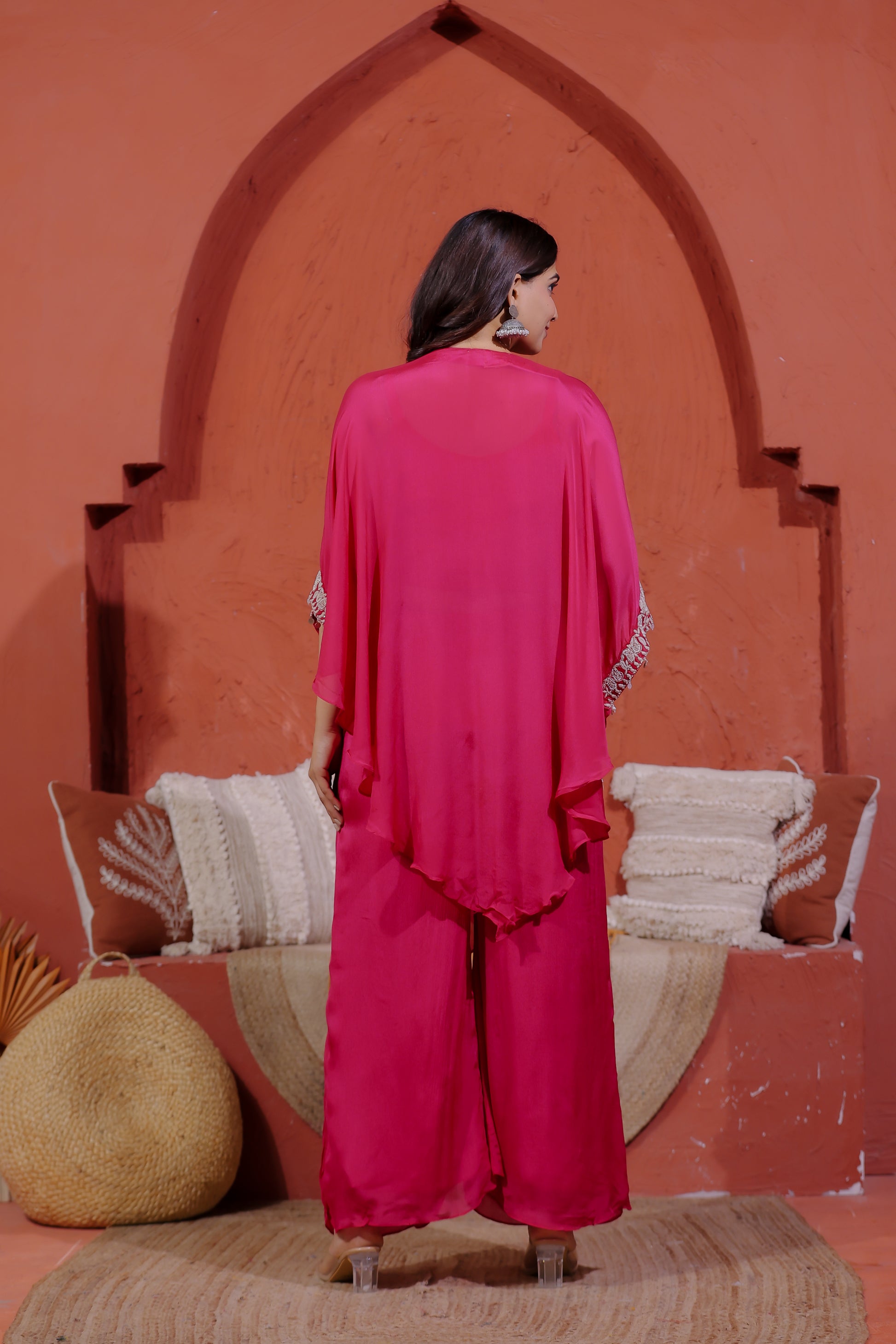 Rani Pink Chinon Silk Kaftan with Thread Embroidery, Blouse & Palazzo