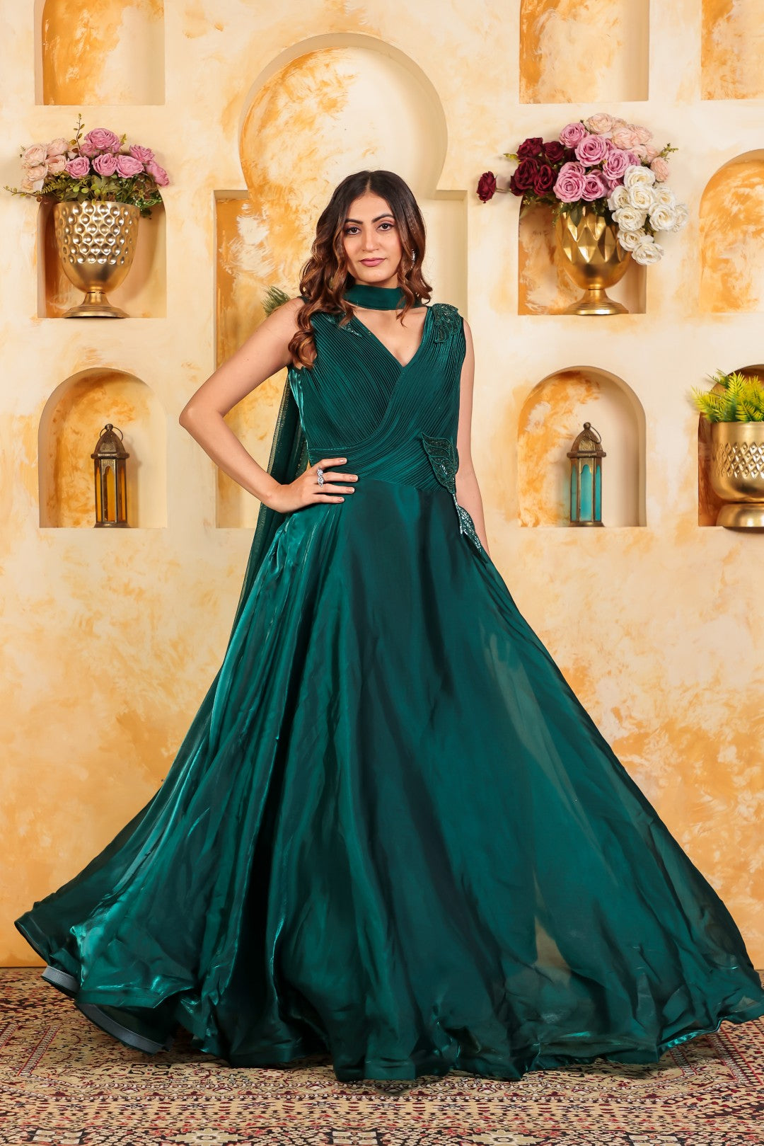 Bottle Green Jimmy Choo Fancy Stylish Gown & Dupatta
