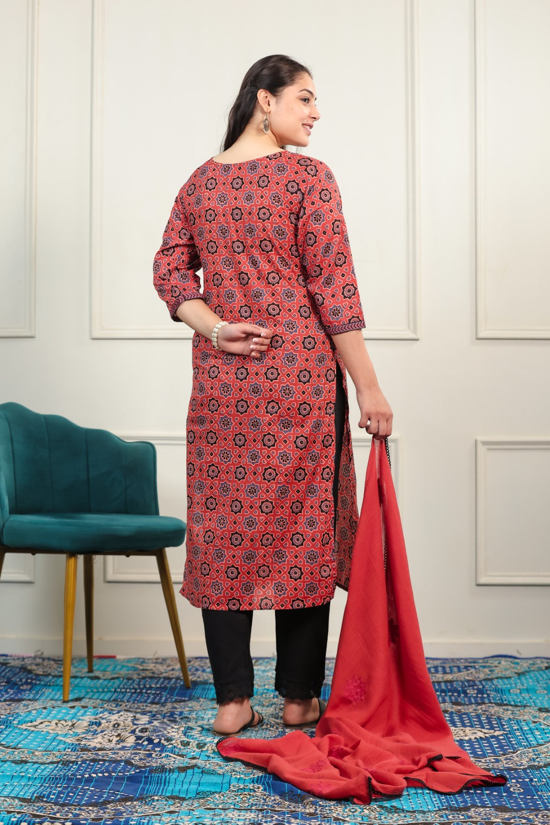 Rust Cotton Printed Suit with Bottom & Dupatta