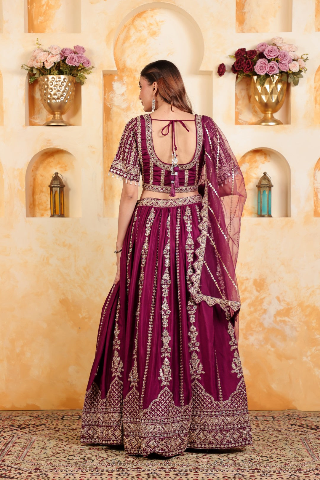 Wine Chinon Lehenga with Heavy Zari work and Matching Blouse with Net Dupatta