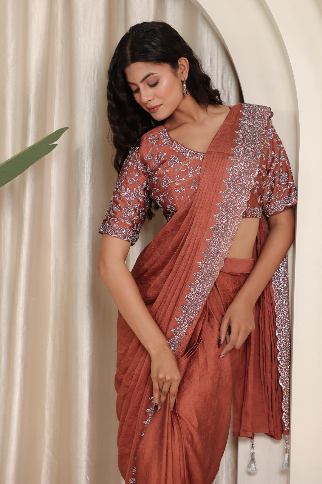 Rust Mosh Crush Draped Saree with Jarkan Work & Matching Blouse
