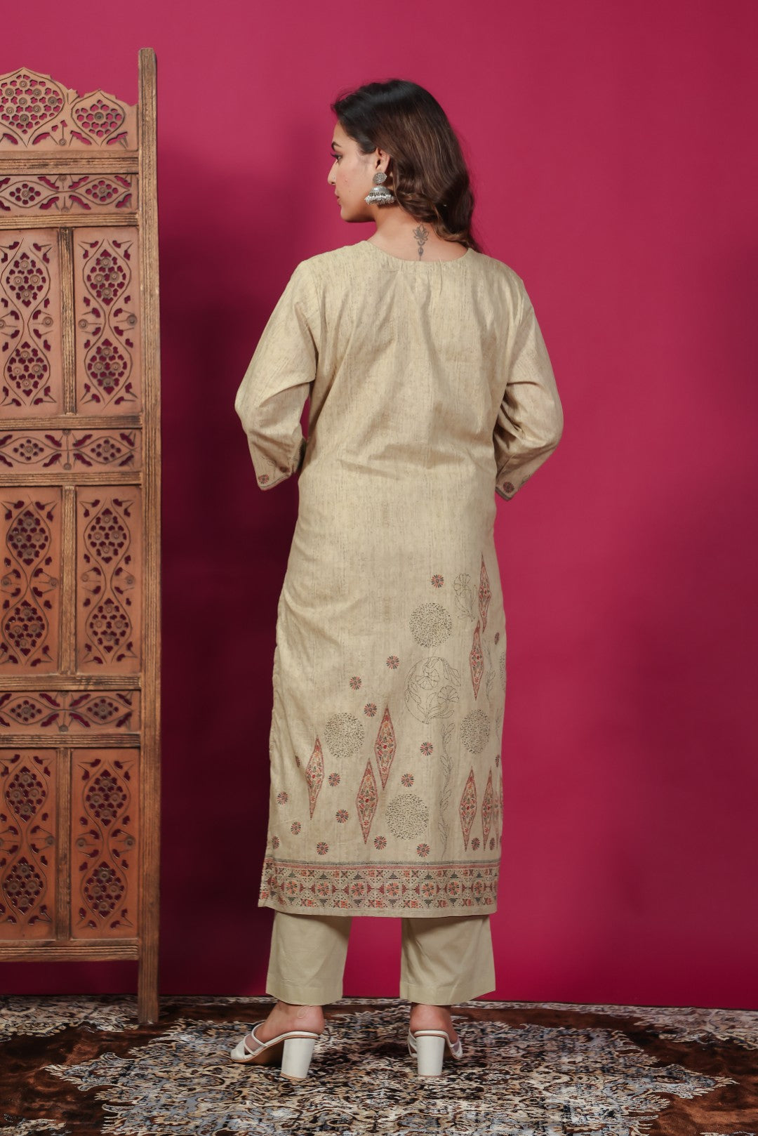 Beige Cotton Katha Print Suit, Bottom & Dupatta