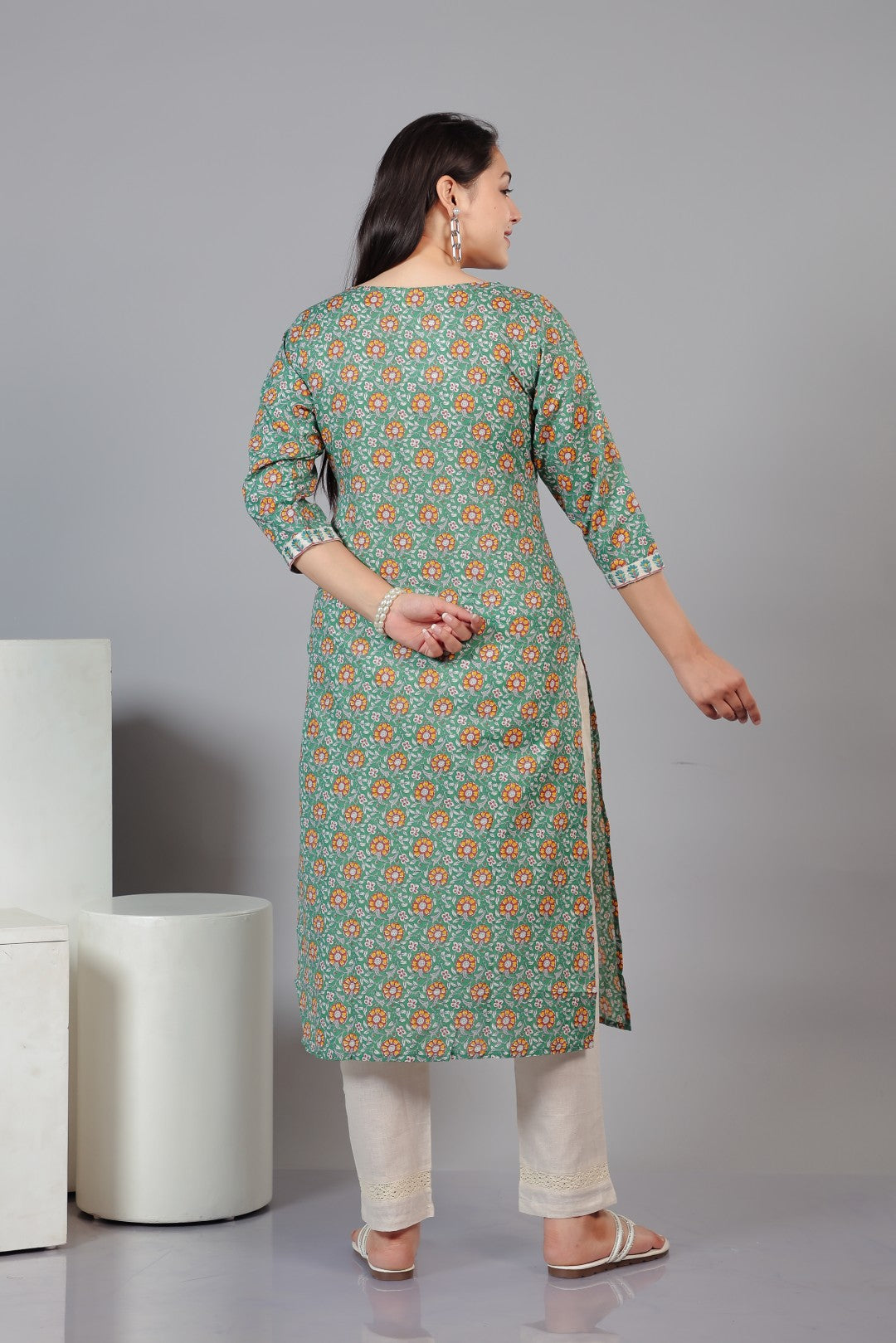 Green Cotton Printed Suit with Thread, Bottom & Dupatta