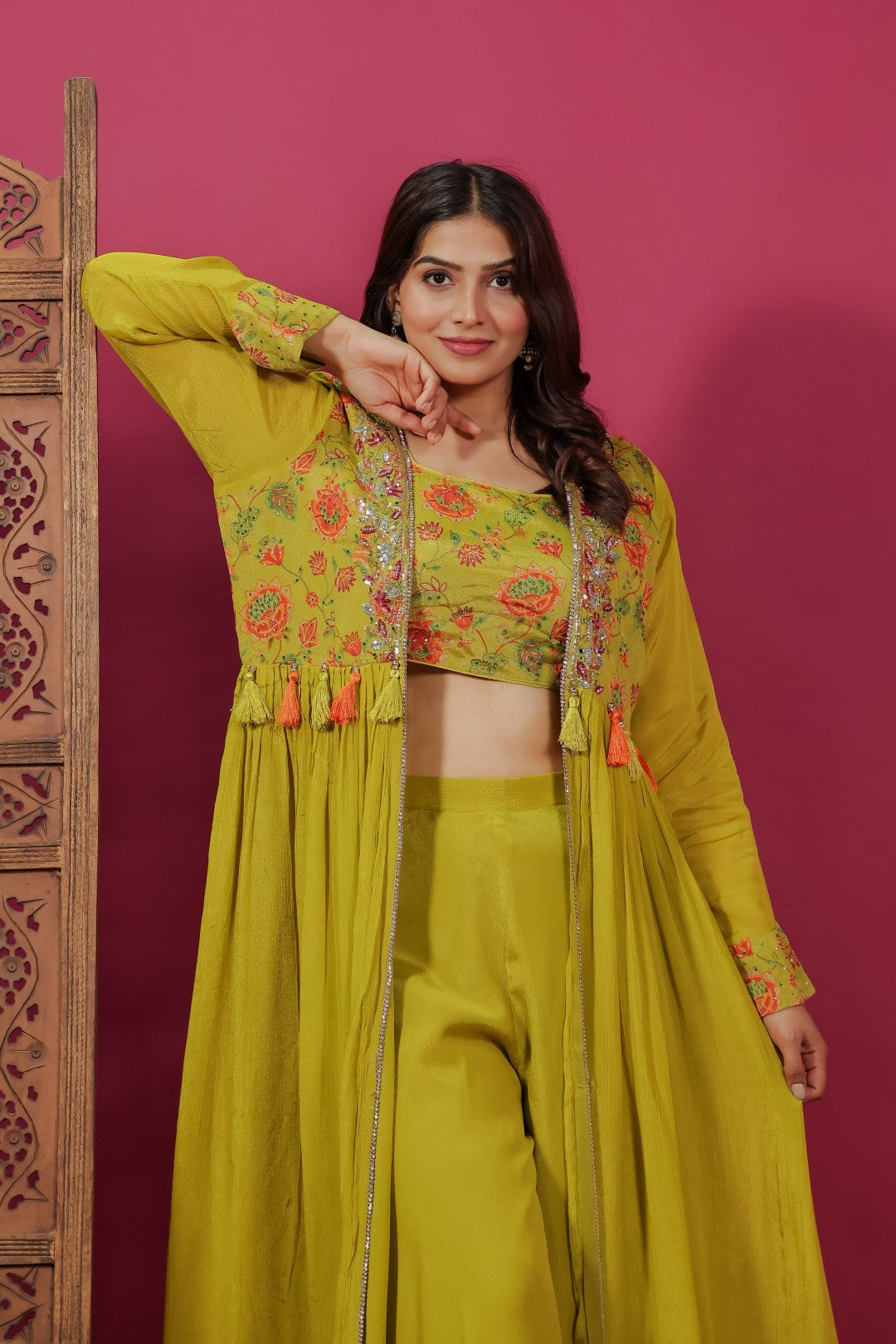 Mehendi Green Chinon Silk Printed Blouse, Sharara & Handwork Shrug