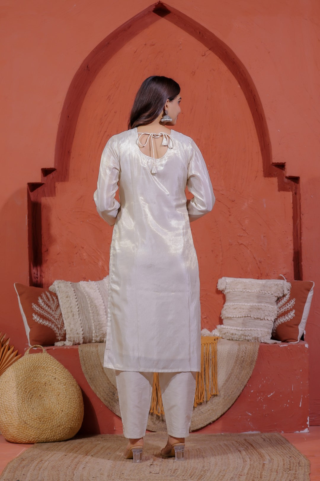 Off White Mosh Silk Suit with Full Banarasi Work, Pant & Dupatta