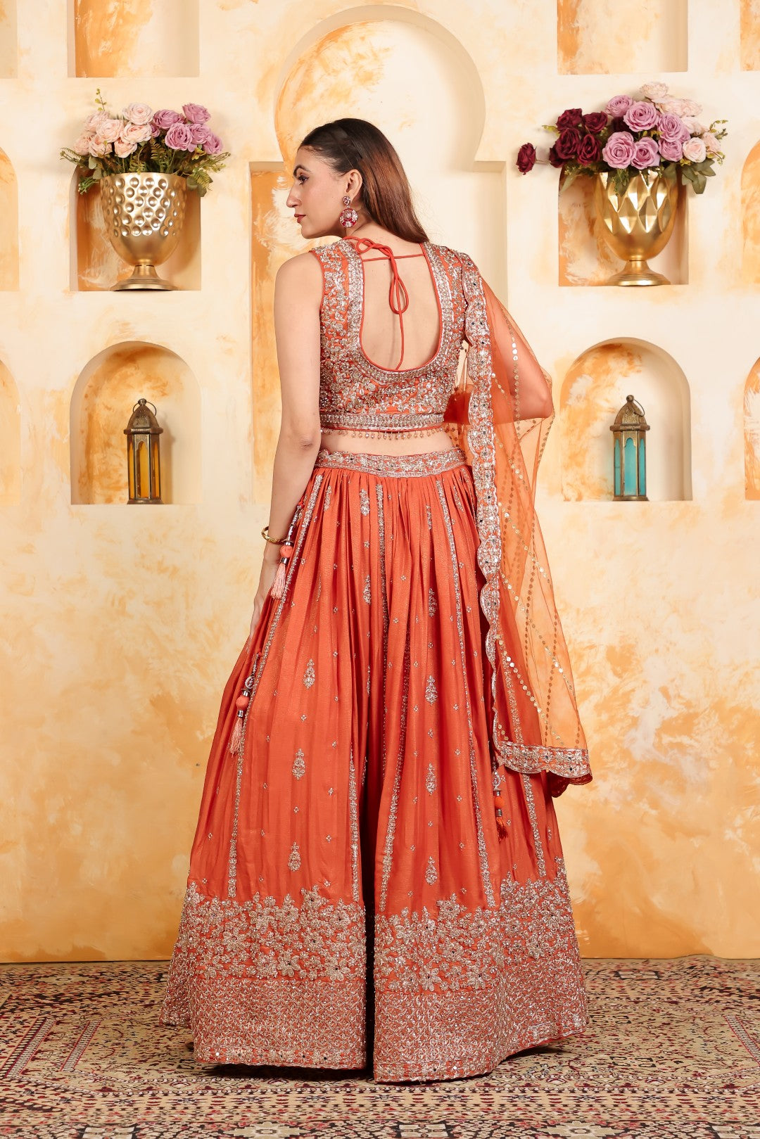 Rust Simmer Chinon Lehenga Zari work with Matching Blouse & Net Dupatta