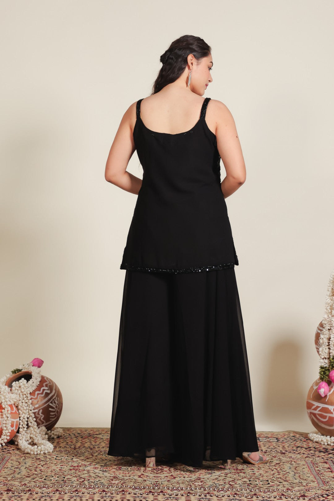 Black Georgette Suit with Handwork, Sharara & Dupatta