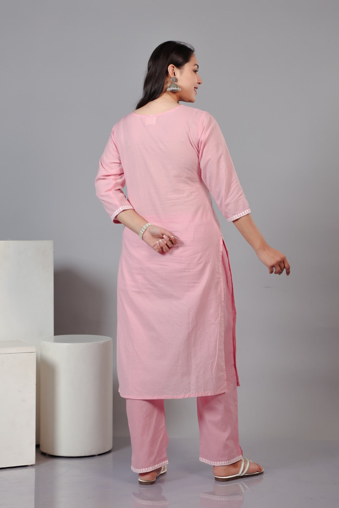 Baby Pink Cotton Suit with Thread Work, Bottom & Dupatta