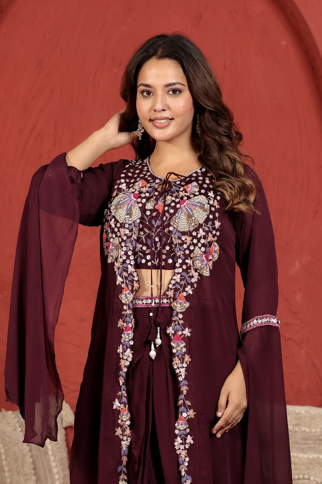 Wine Chinon Blouse with Handwork, Dhoti & Shrug