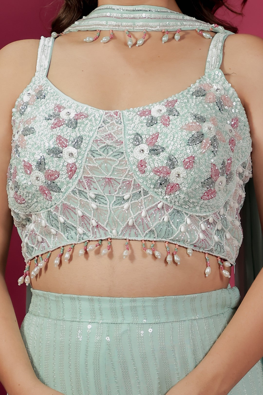 Sea Green Georgette Palazzo Set with Full Sequin Handwork Blouse & Dupatta