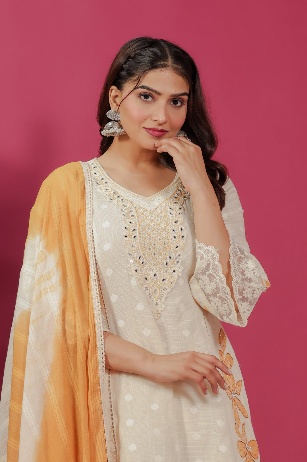 Off White Cotton Chikankari Handwork Co-ord Set with Dupatta