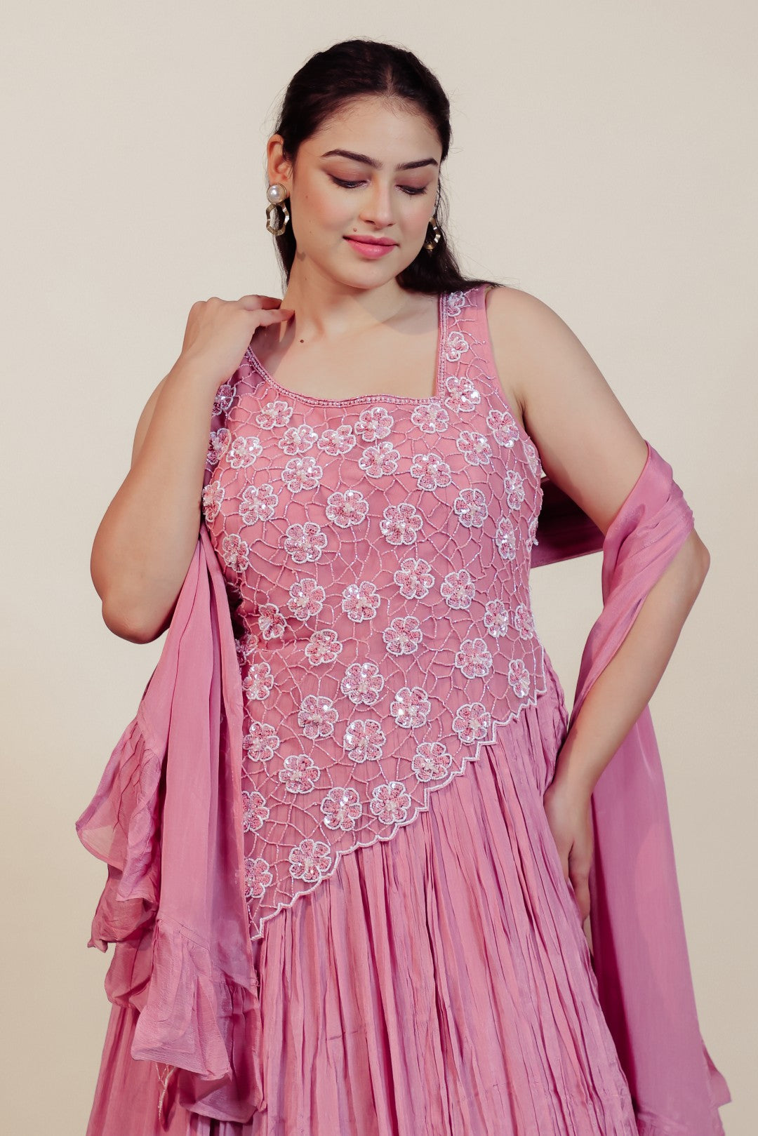 Baby Pink Chinon Silk with Patch Handwork Gown & Dupatta