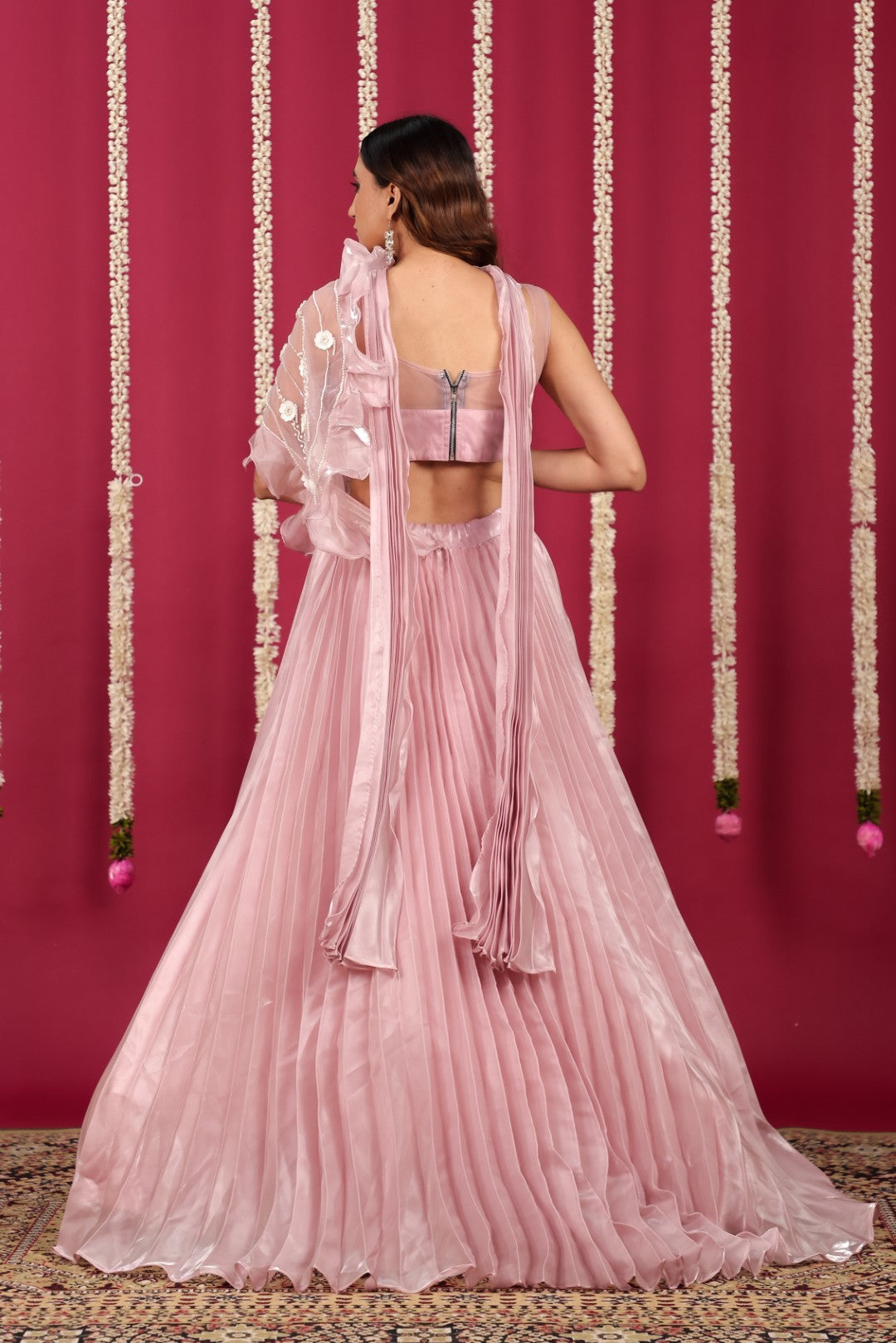 Baby Pink Burberry Net Lehenga with Pearl & CP Handwork Blouse & Attached Dupatta