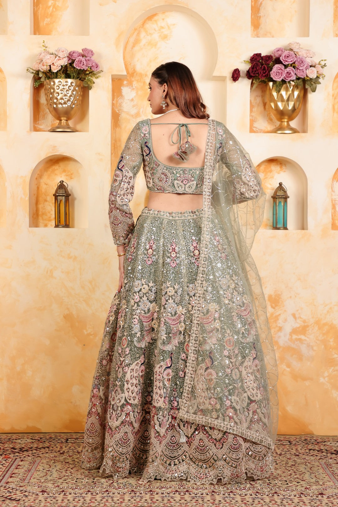 Pista Green Net Lehenga with Heavy Embroidery and Matching Blouse & Dupatta
