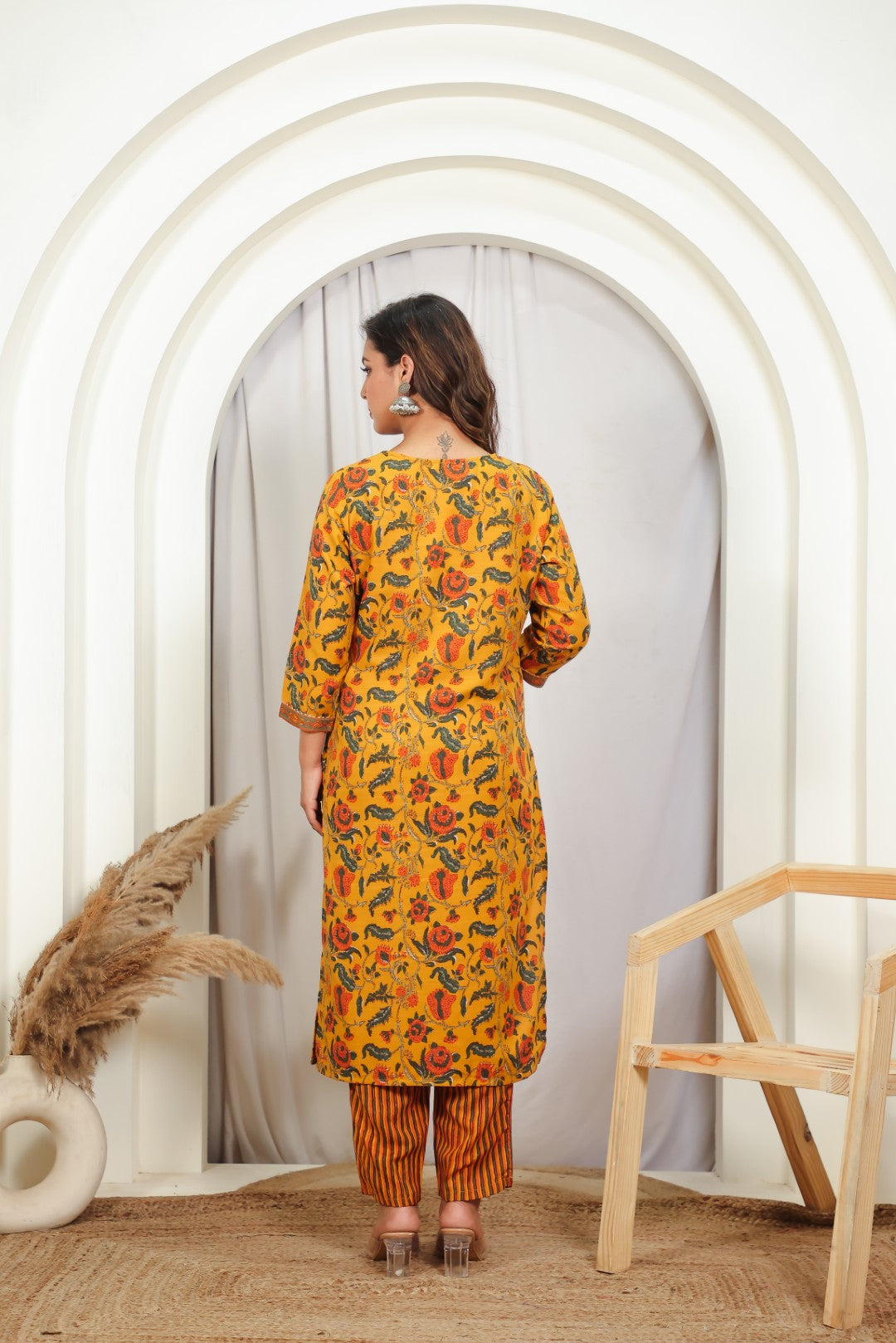 Mustard Yellow Slub Cotton Floral Printed Suit, Bottom & Dupatta