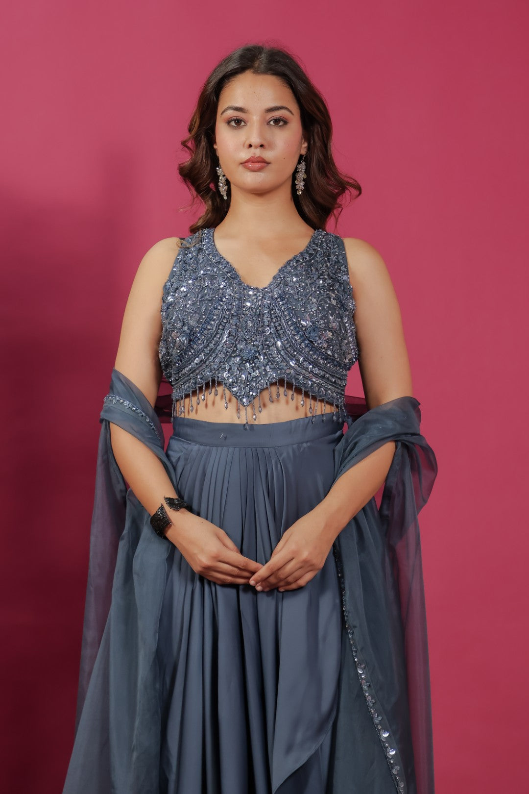 Dark Blue Grey Satin Dhoti Set with Handwork Blouse & Shrug