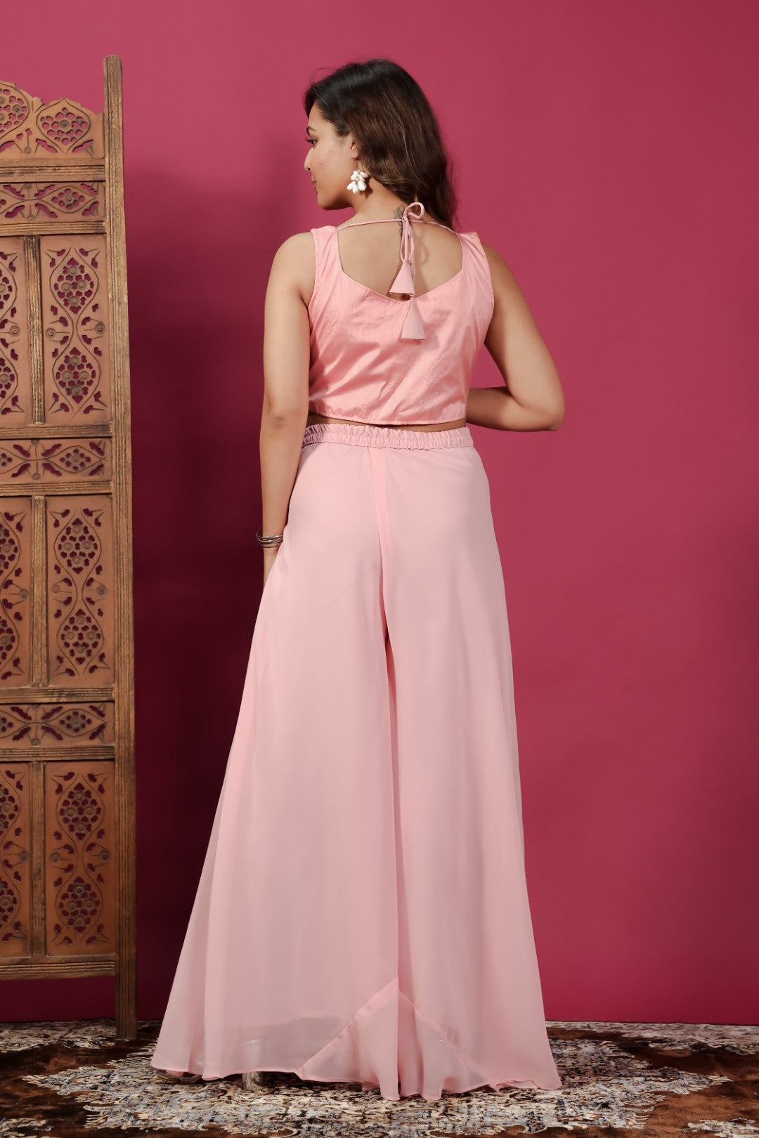 Peach Silk & Georgette Blouse with Zari Stone Work, Sharara & Shrug