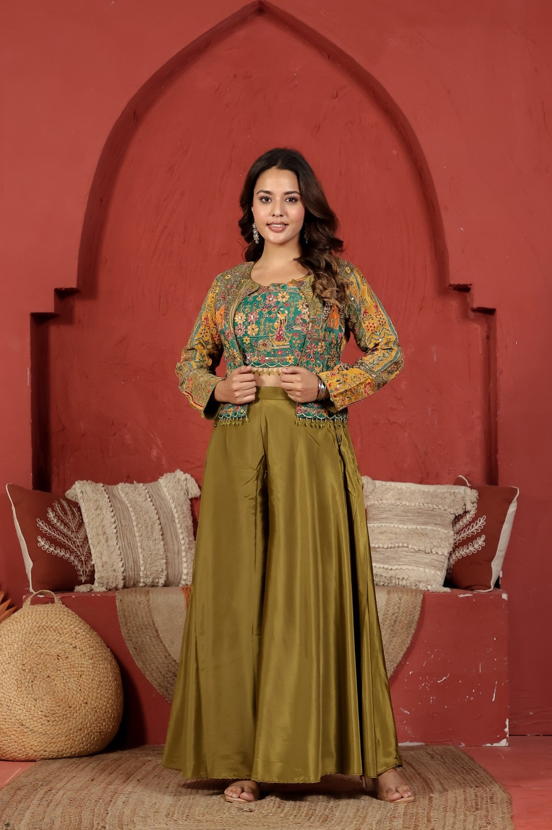 Mehendi Green Crepe Silk with Rajwadi Print & Zari Work Blouse and Jacket