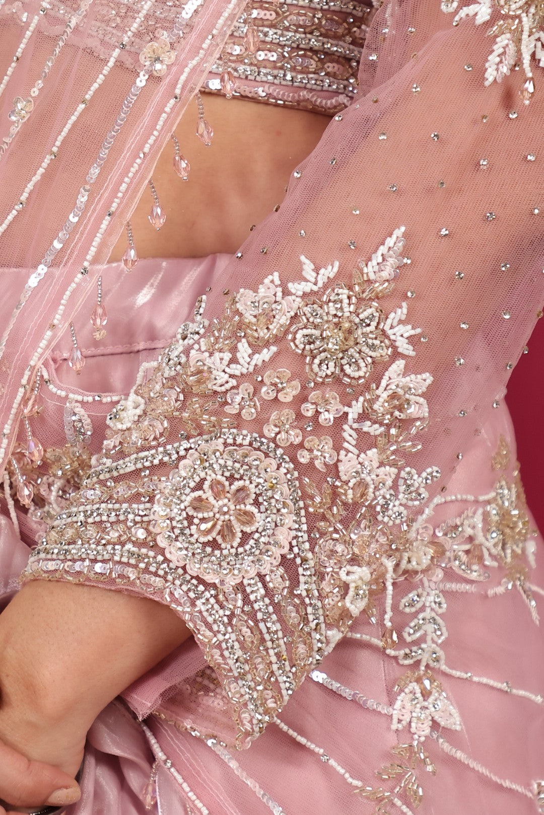 Baby Pink Burberry Net Lehenga with Heavy Handwork Blouse & Attached Dupatta