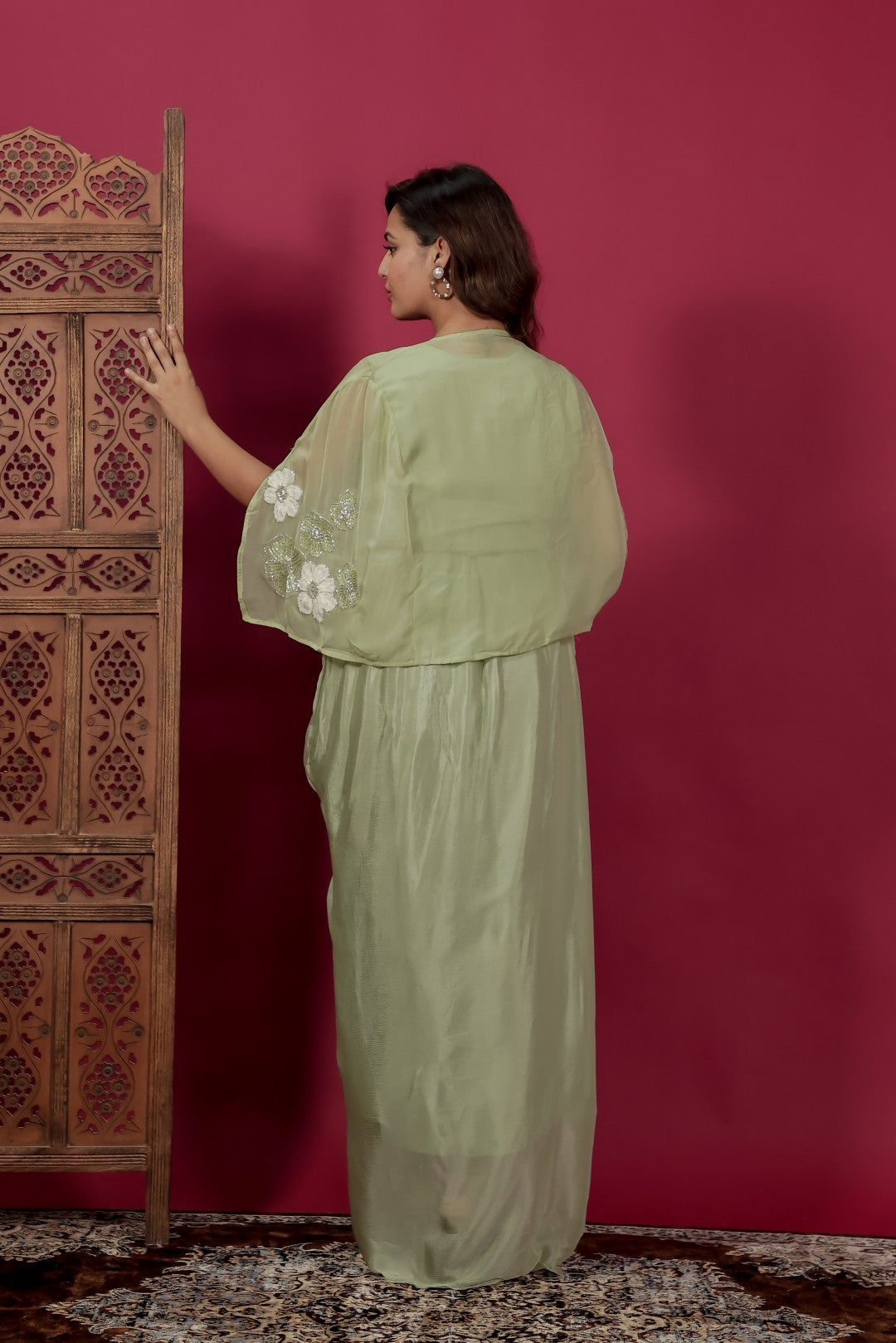 Pista Green Chinon Silk Dhoti Set with Handwork Blouse & Shrug